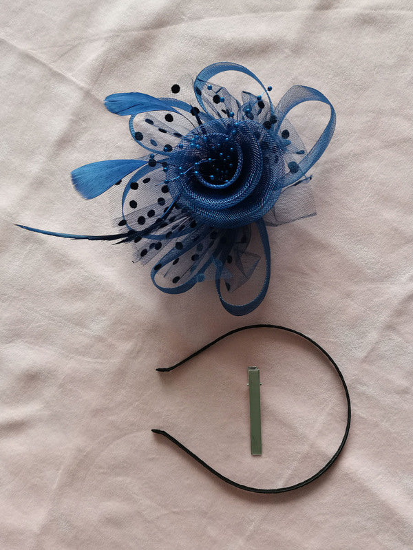 Navy Blue Pearl Flower Feather Wedding Bridal Ladies Day Fascinator