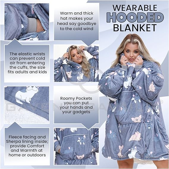 Grey Bull Dog Oodie Style Fleece Oversized Blanket Hoodie - Adults