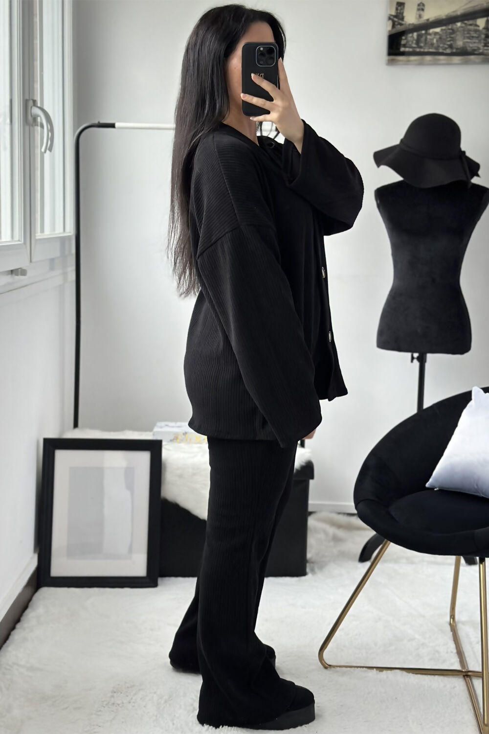 Black Button Down Corduroy Lounge Set