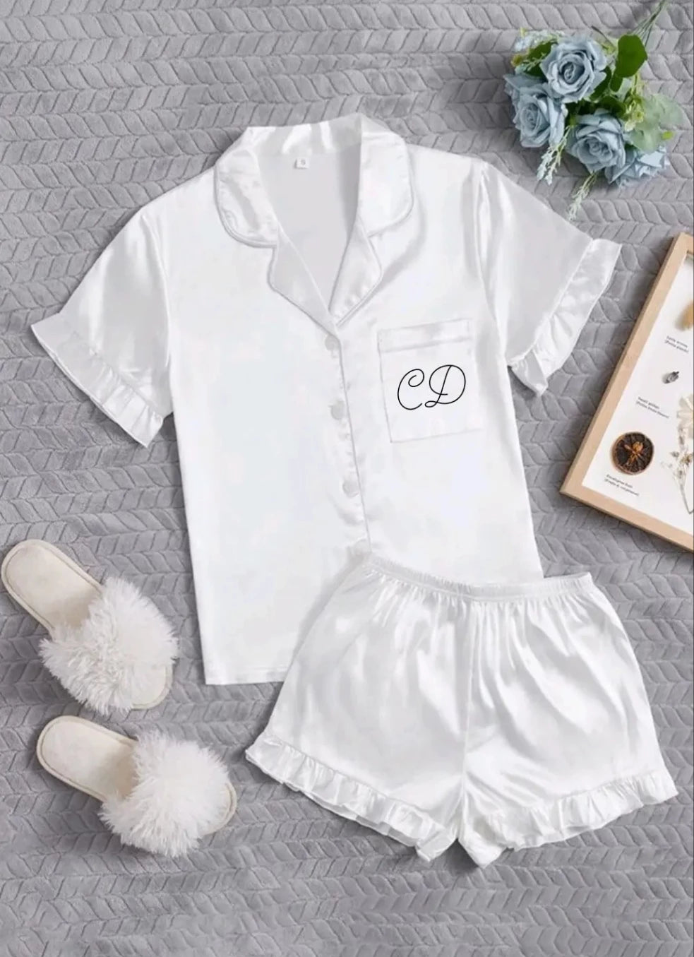 White Personalised Satin Frill Short Pyjamas
