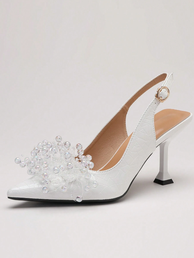 White 'I Do' Pearly Point Heels with Back Strap, Bridal Heels