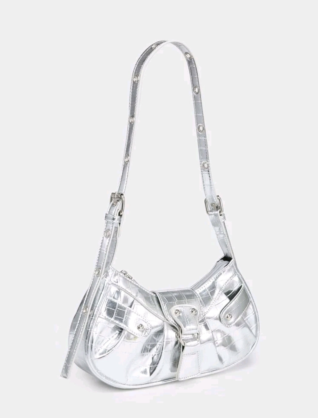 Metallic Silver Crocodile Hobo Handbag