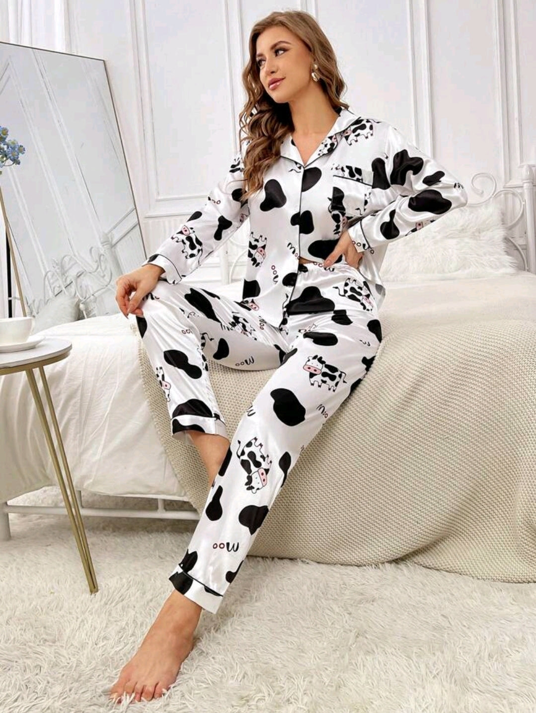 Satin Moo Cow Print Pyjama Set