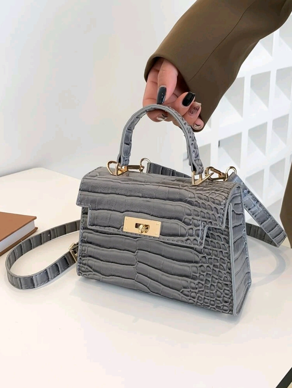 Grey Square Crocodile Bag