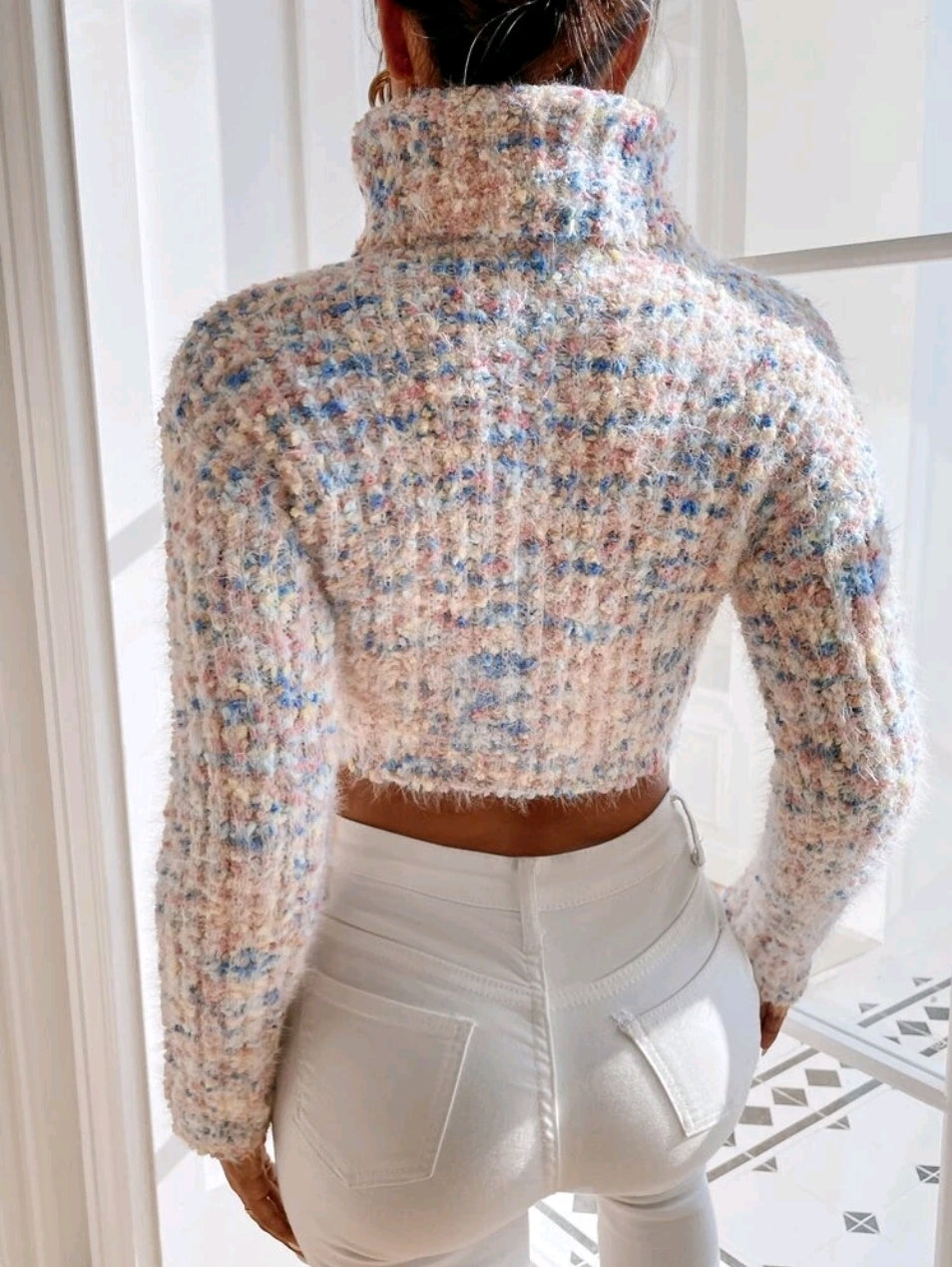 Multicolour High Neck Knit Crop Top