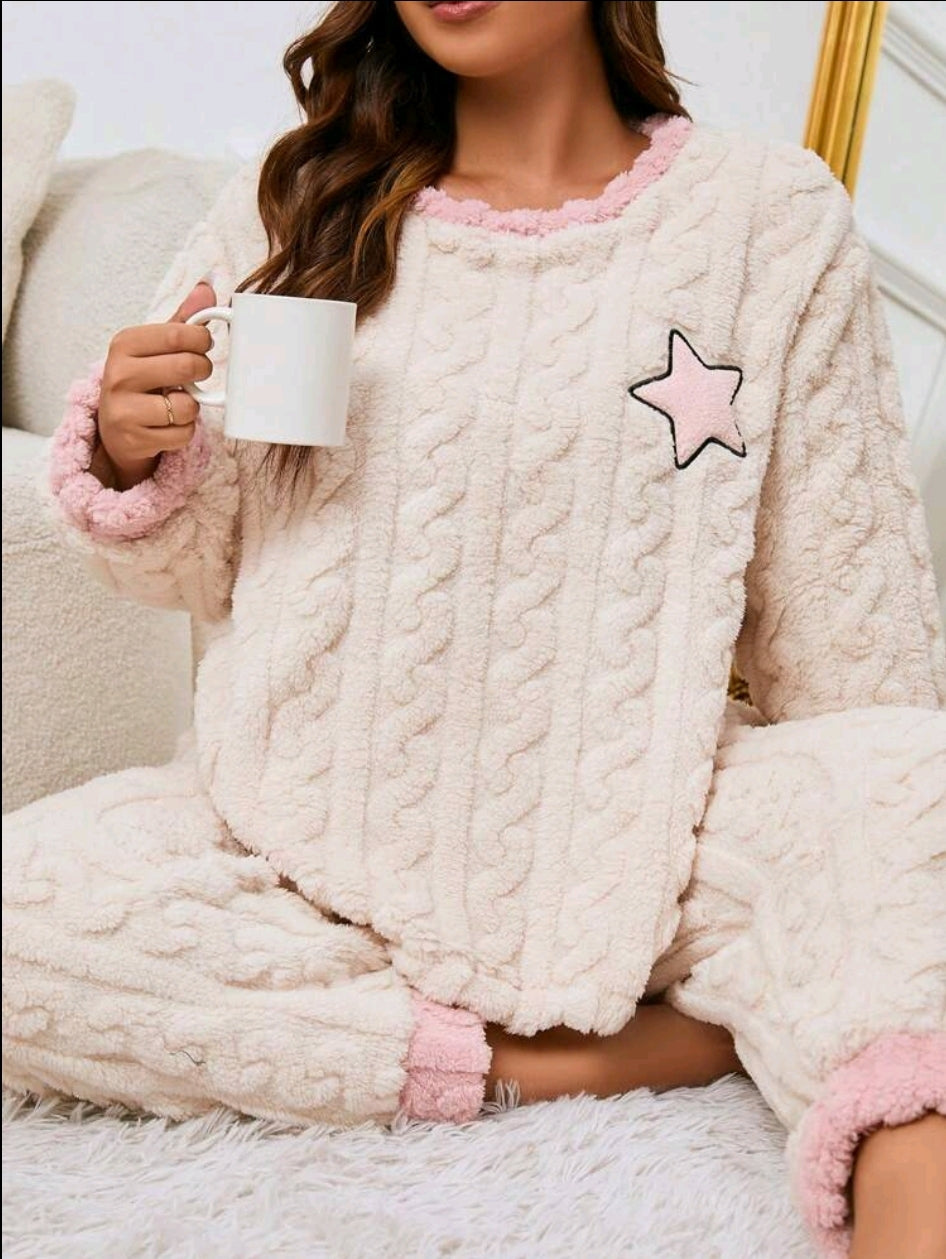 Cream & Pink Star Fleece Pyjamas - Plus