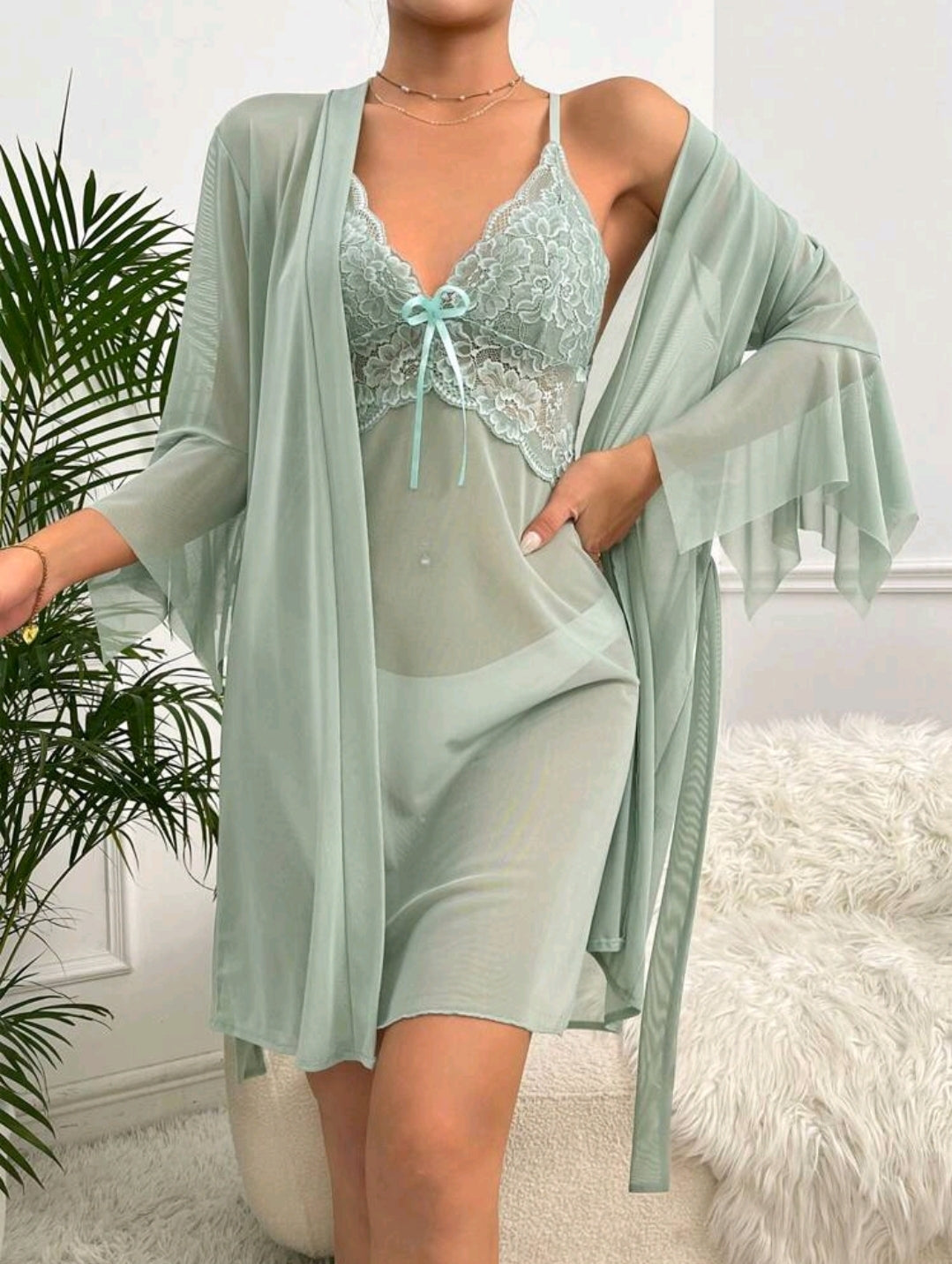 Mint Chiffon 2 Piece Night Dress Set