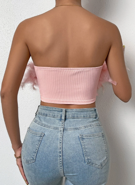 Rose Pink Feather Trim Ribbed Crop Top