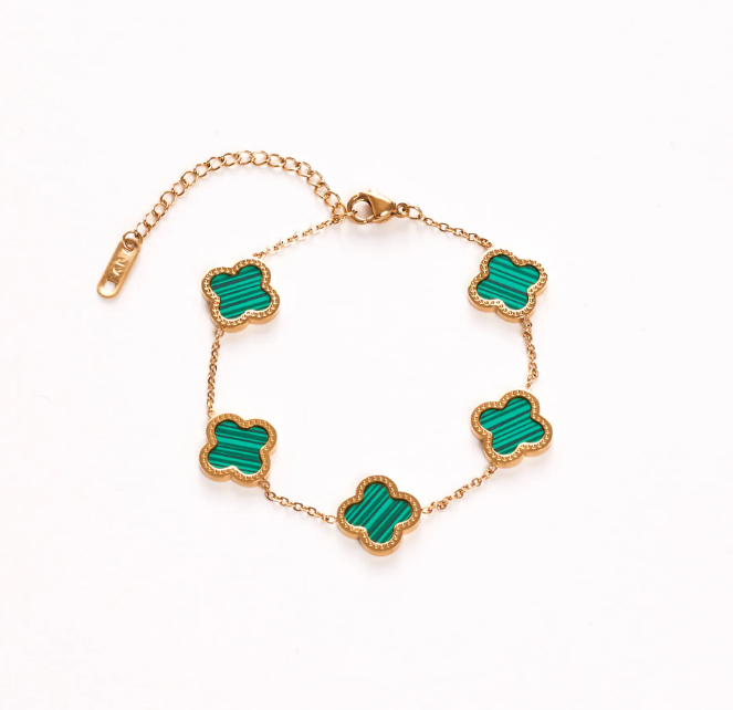 Flower Detail Bracelet In Green & Rose Gold