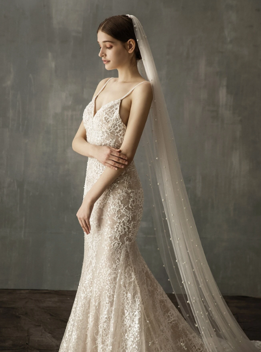 White Faux Pearl Long Cathedral Bridal Veil Single Tier