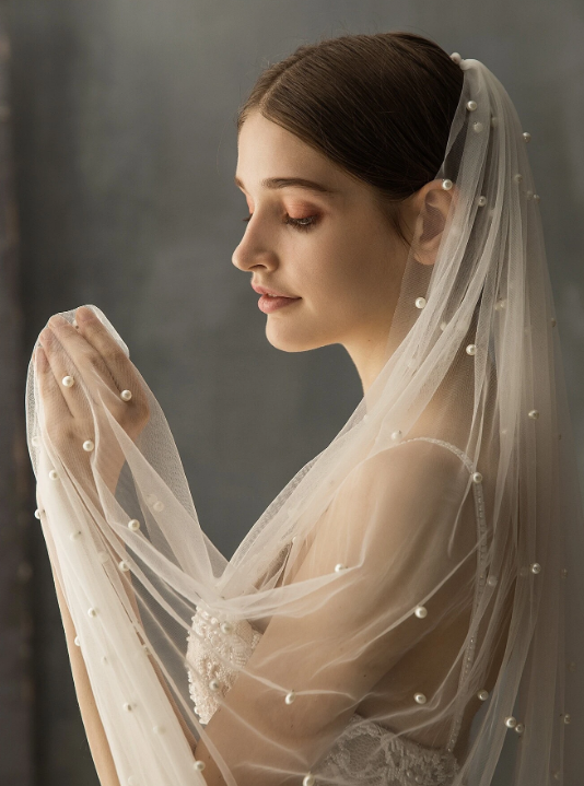White Faux Pearl Long Cathedral Bridal Veil Single Tier