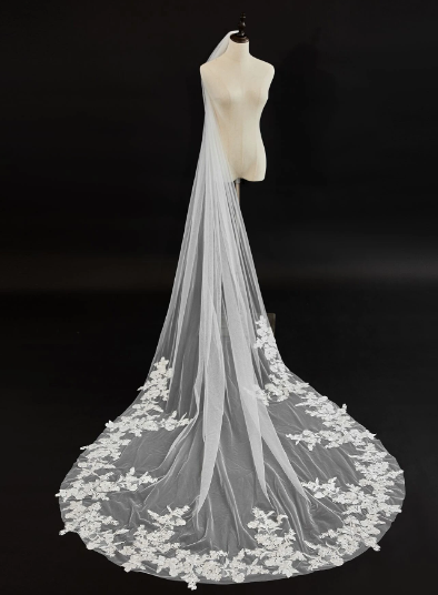 White Floral Lace Trim Long Cathedral Veil One Tier