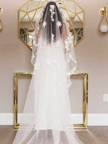 White 3D Floral Wedding Veil In Tulle with Pearls & Comb Attached Chapel Length