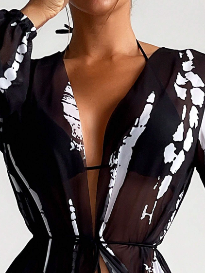 Black & White Mesh Beach Cover Up Kimono