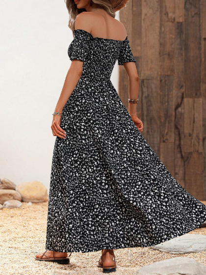 Black Floral Print Off Shoulder Maxi Dress