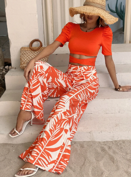 Orange & White Palm Leaves Trouser 2 Piece Co-Ord Set