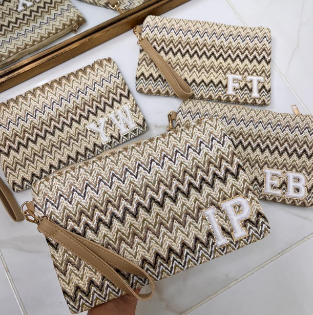 Personalised Woven Clutch Bag With Glitter Patch Initials. Hen Party Beach Bag. Personalised Summer Clutch Bag