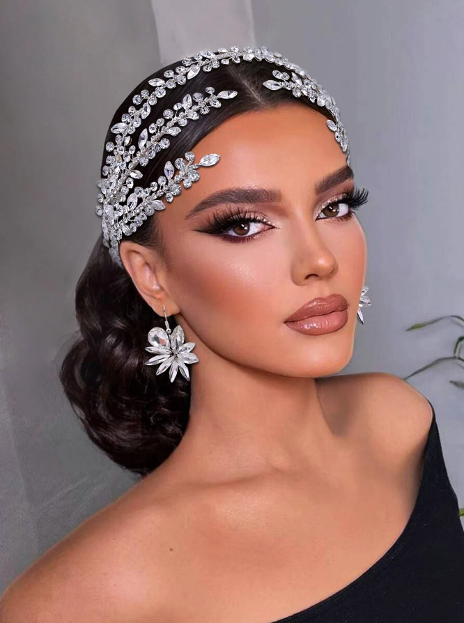 Silver Crystal Headband Wedding Bridal Headpiece & Earring Set