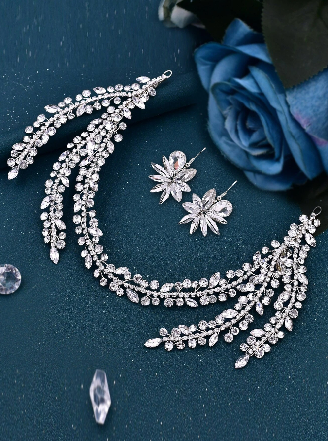 Silver Crystal Headband Wedding Bridal Headpiece & Earring Set
