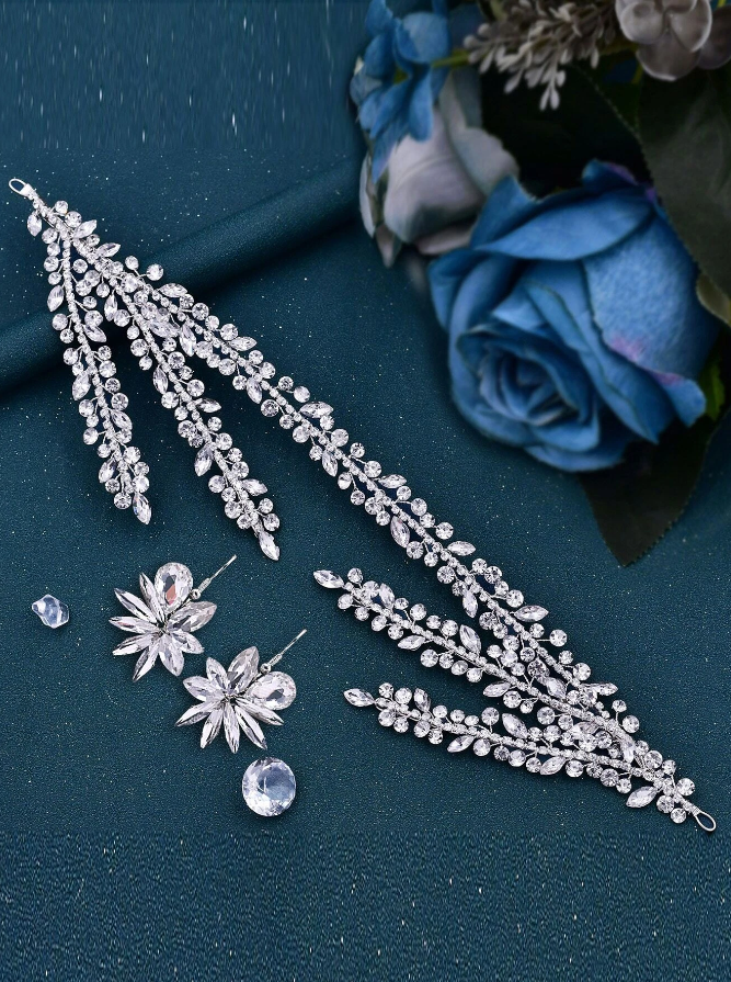Silver Crystal Headband Wedding Bridal Headpiece & Earring Set