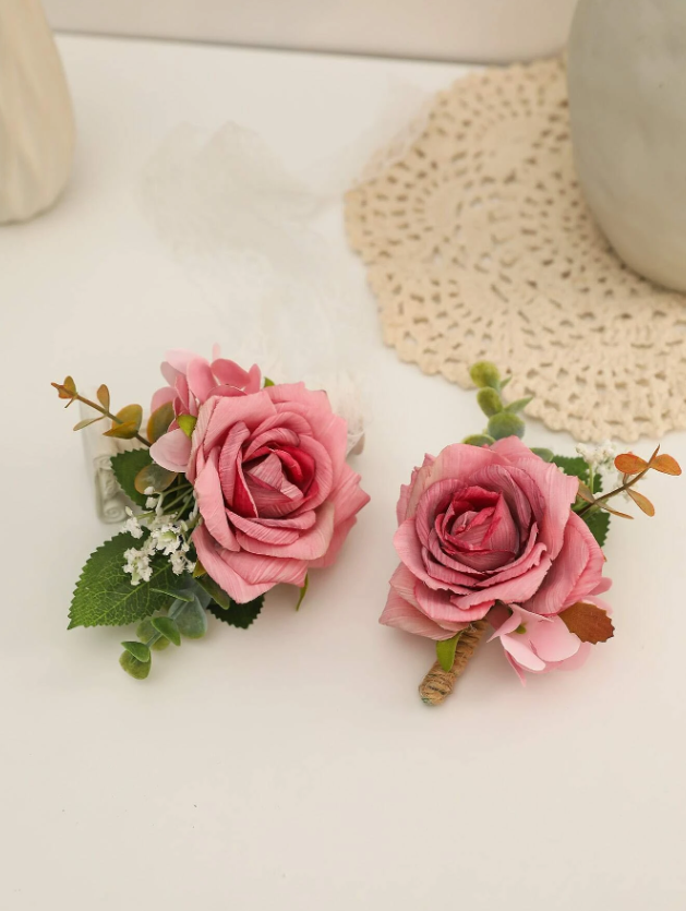 Rose Pink Free-Form Silk Flower Wedding Bouquet sets (set of 2) - Wrist Corsage/Boutonniere