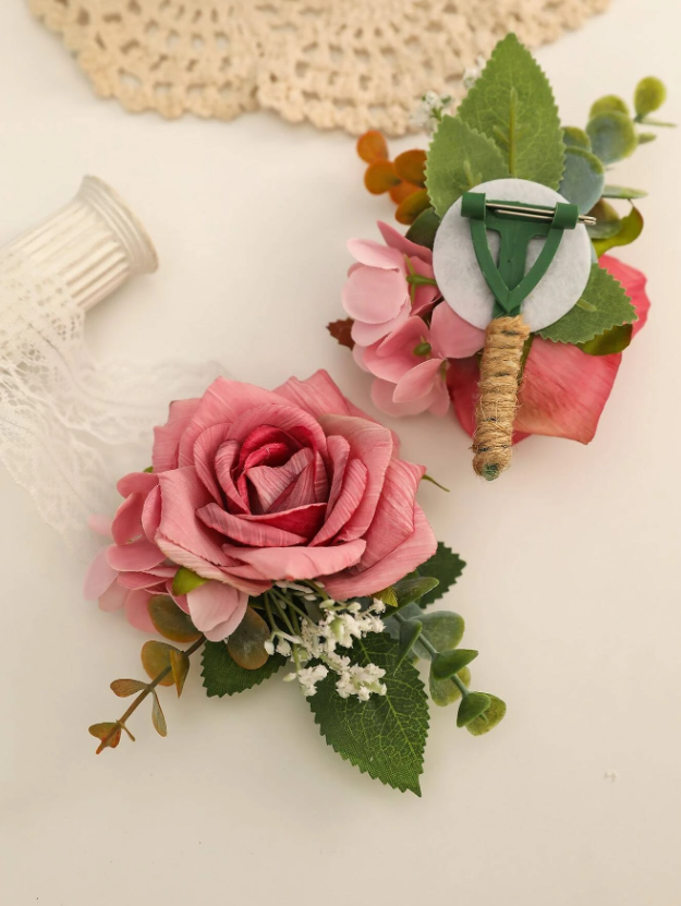 Rose Pink Free-Form Silk Flower Wedding Bouquet sets (set of 2) - Wrist Corsage/Boutonniere