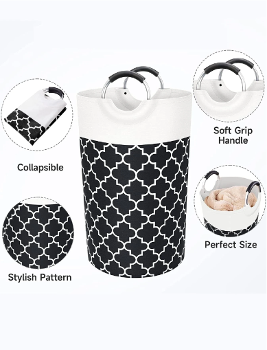 Black Collapsible Geometric Print Laundry Hamper Basket 82 Litres