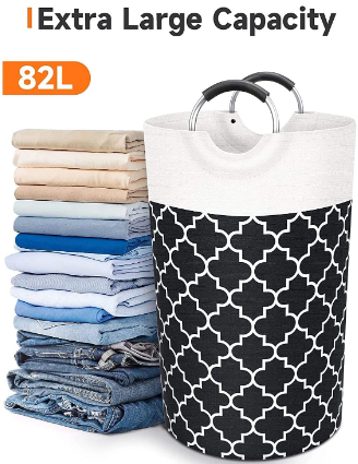 Black Collapsible Geometric Print Laundry Hamper Basket 82 Litres