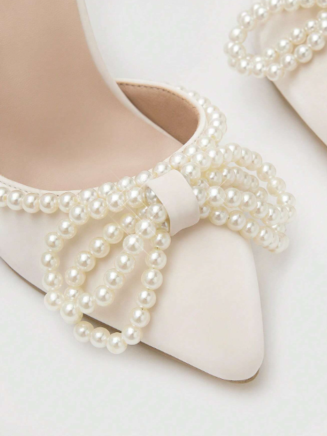 Beige 'Pearl Wedding' Bow Bridal Heels