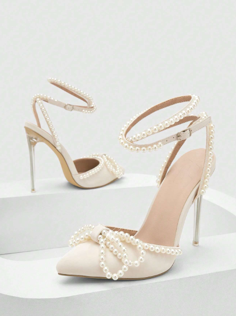 Beige 'Pearl Wedding' Bow Bridal Heels