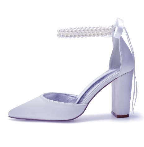 White 'Cherish' Double Pearl Strap Chunky Heel Satin Bridal Shoes
