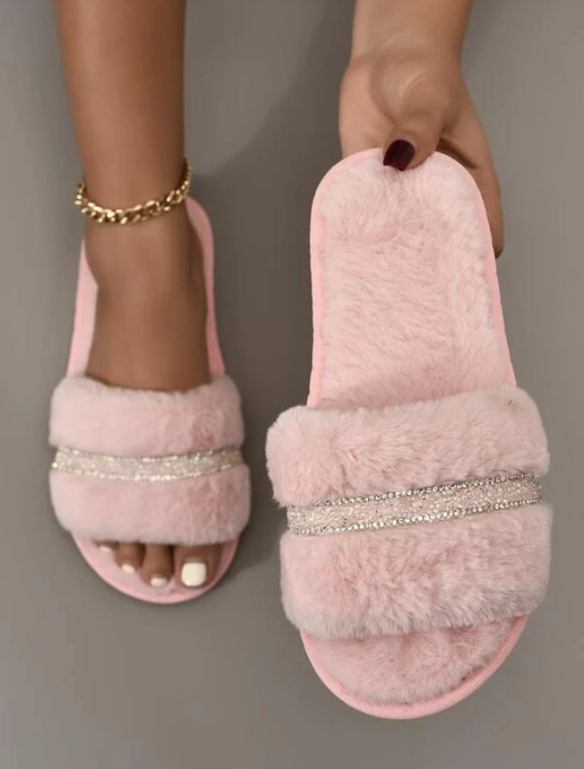 Pink Crystal Row Fluffy Slippers