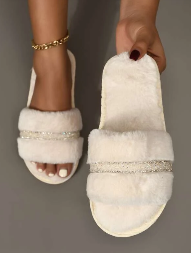 Ivory Crystal Row Fluffy Slippers
