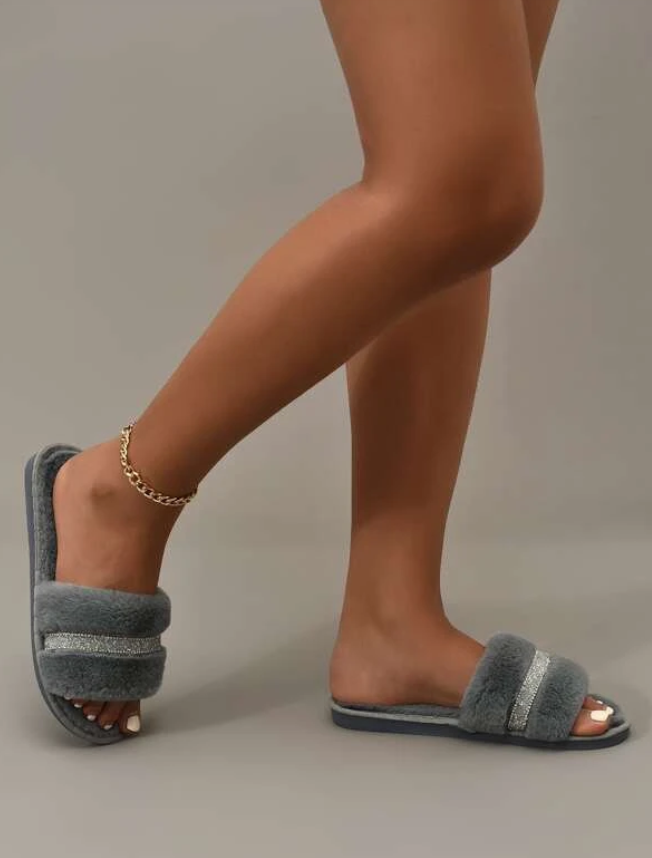 Grey Crystal Row Fluffy Slippers