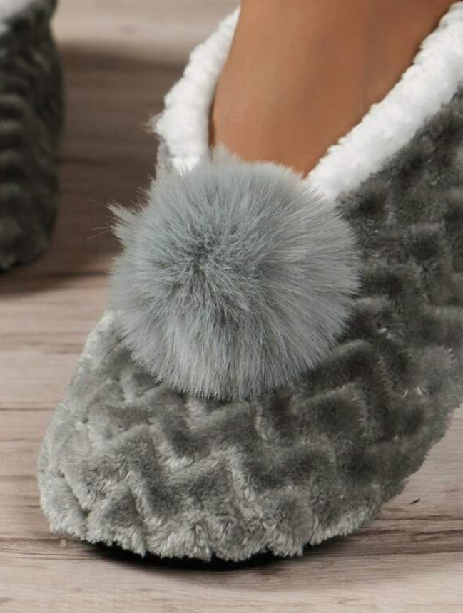 Grey Pompom Slippers