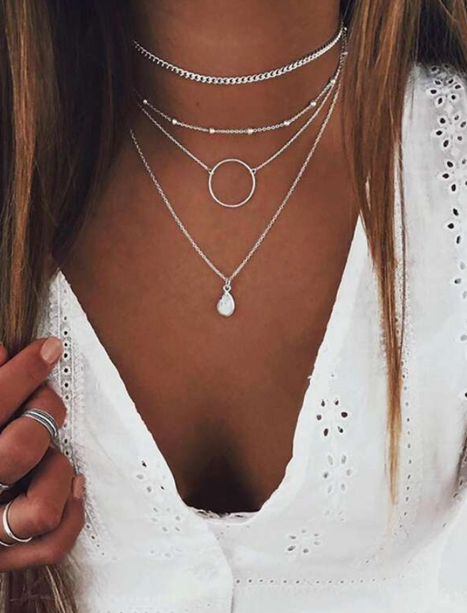 Silver Bohemian White Stone Layered Necklace