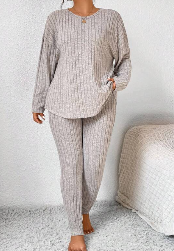 Beige Ribbed Loungewear Set - Plus