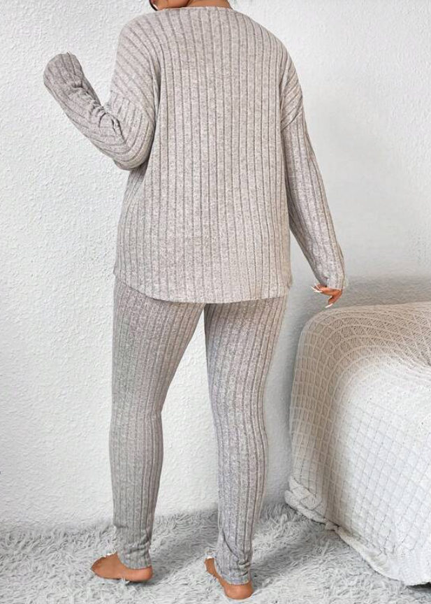 Beige Ribbed Loungewear Set - Plus