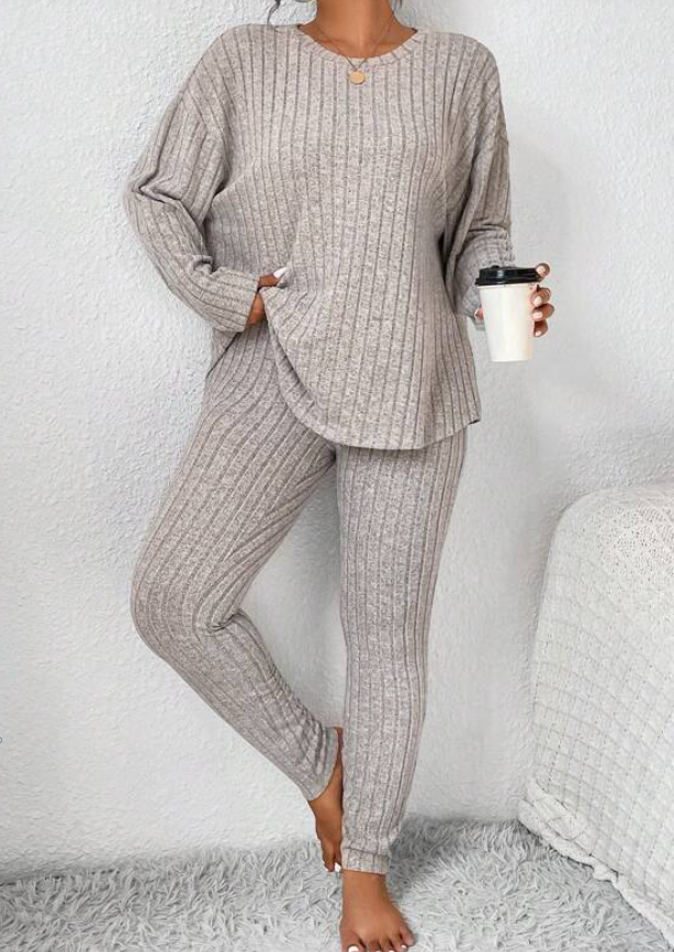Beige Ribbed Loungewear Set - Plus