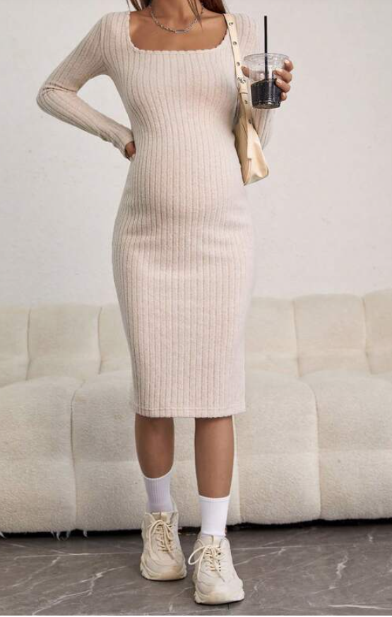 Apricot Long Sleeve Ribbed Maternity Dress