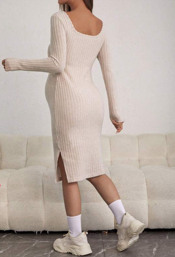 Apricot Long Sleeve Ribbed Maternity Dress