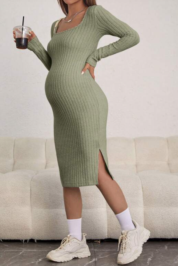 Green Long Sleeve Ribbed Maternity Dress