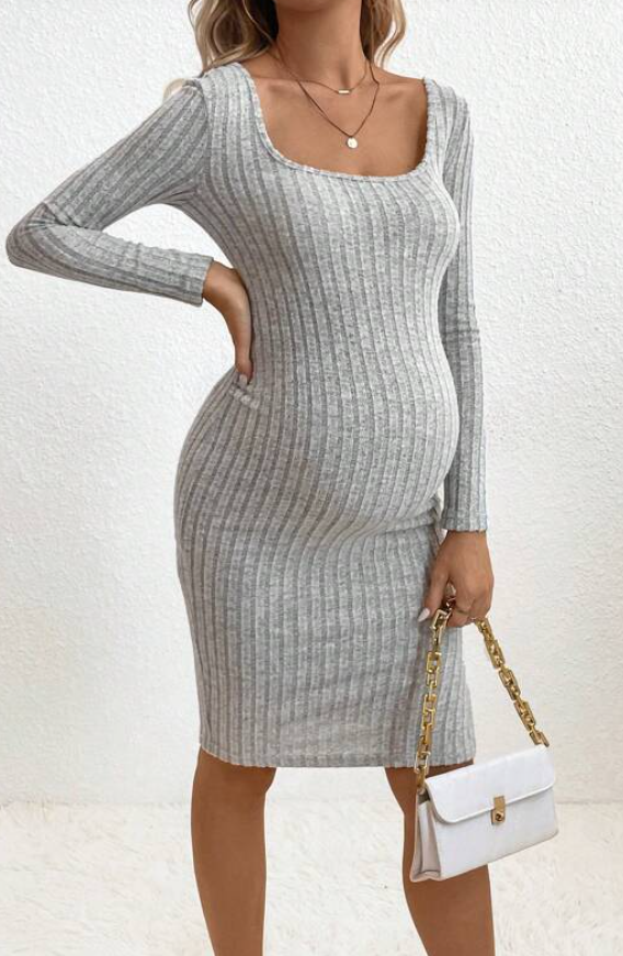 Grey Long Sleeve Ribbed Maternity Dress