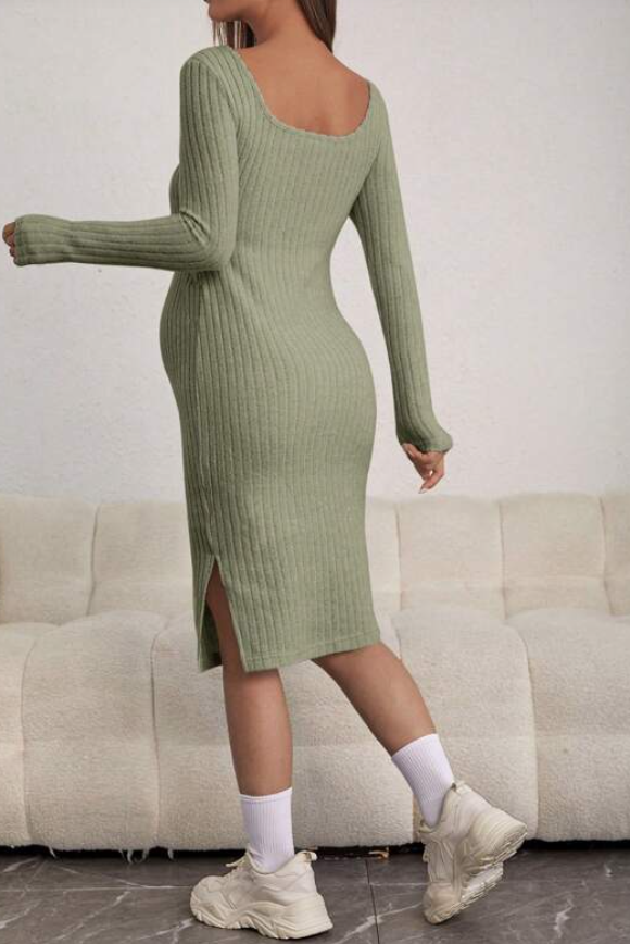 Green Long Sleeve Ribbed Maternity Dress