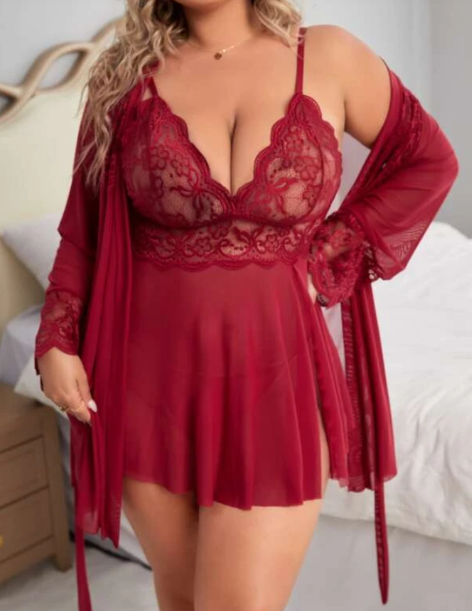 Burgundy Lace Chiffon Sexy Babydoll Night Dress & Robe 3 Piece Set - Plus