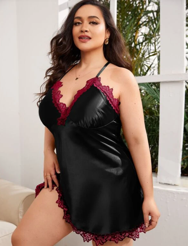 Black Satin Lace Trim Sexy Night Dress
