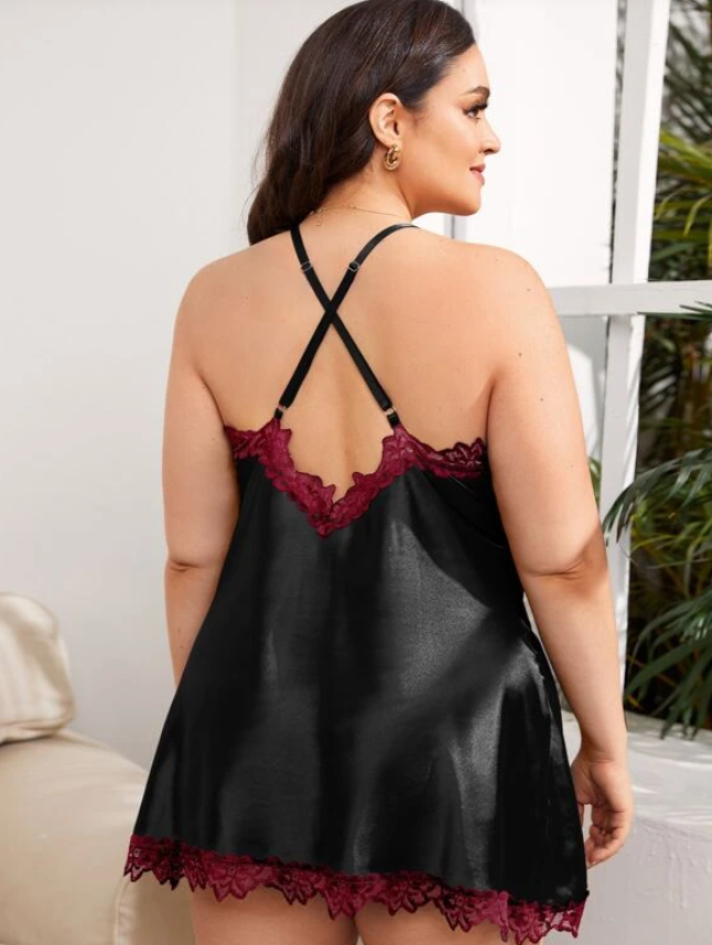 Black Satin Lace Trim Sexy Night Dress