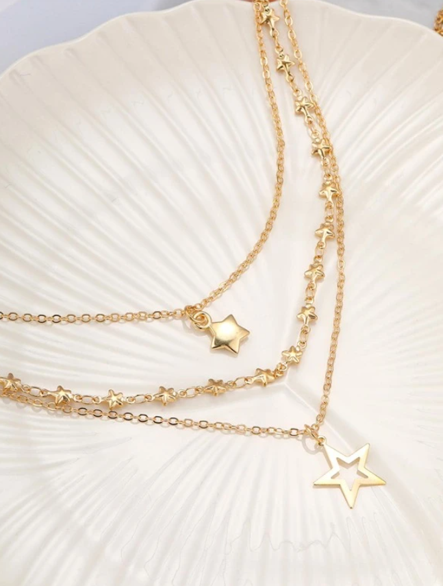 Gold 3 Layered Star Necklace