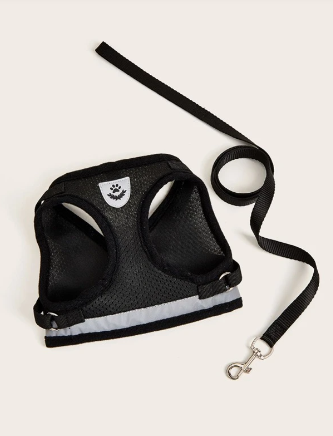 Black Breathable Mesh Dog Harness & Leash Reflective Strip