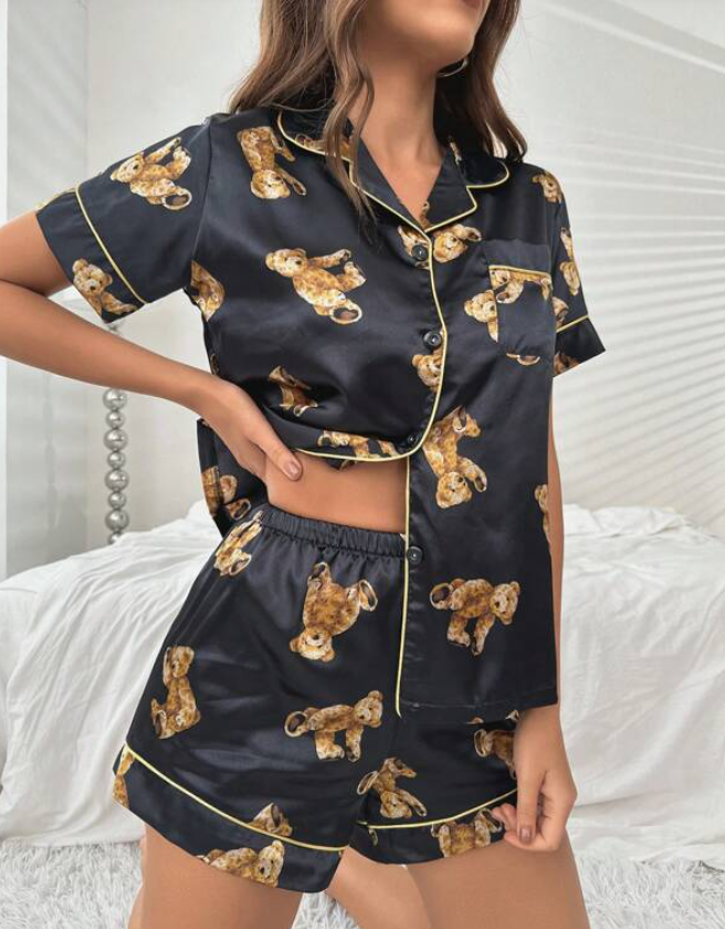 Navy Bear Print Satin Short Pyjamas